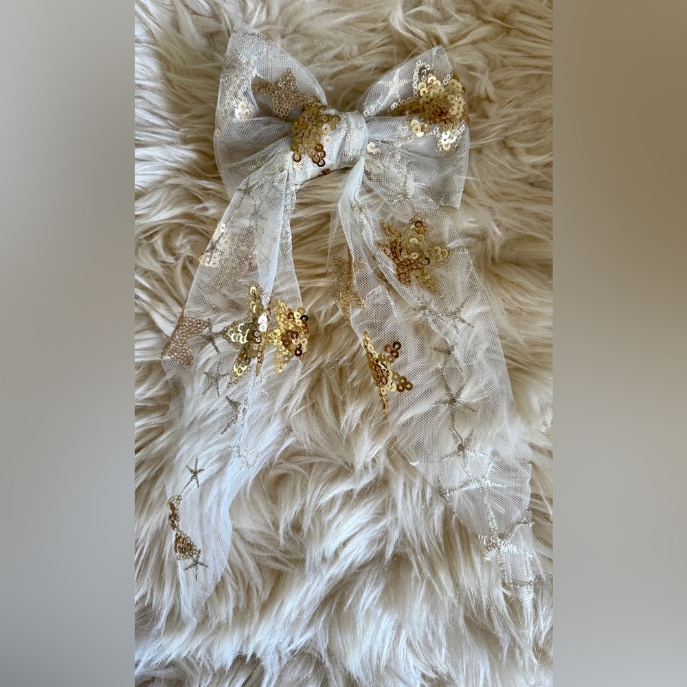 Anthropologie Gold & Ivory Sequin Star Lace Bow